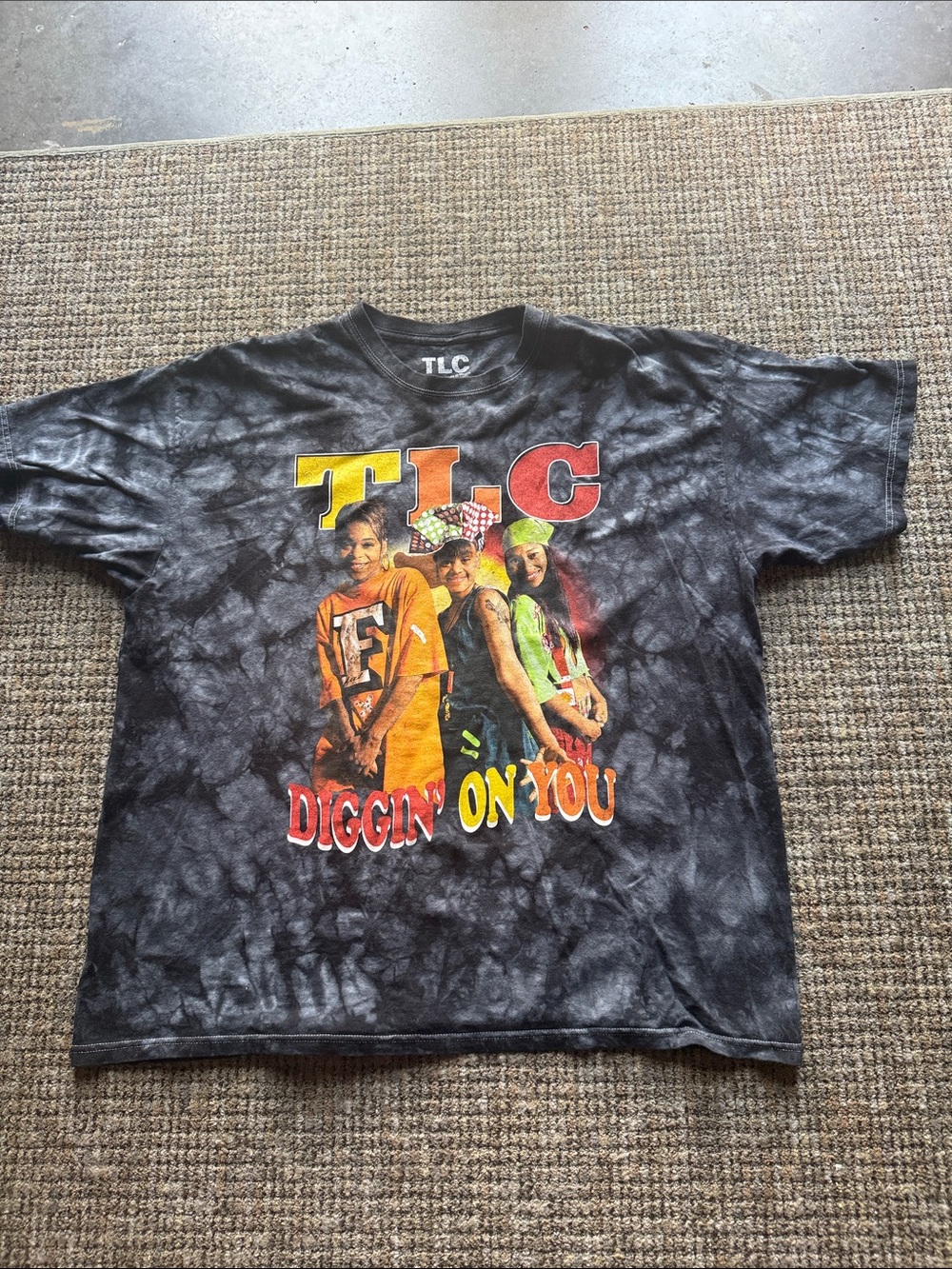 TLC Black Tie-Dye Tee with Multicolor Band Graphic